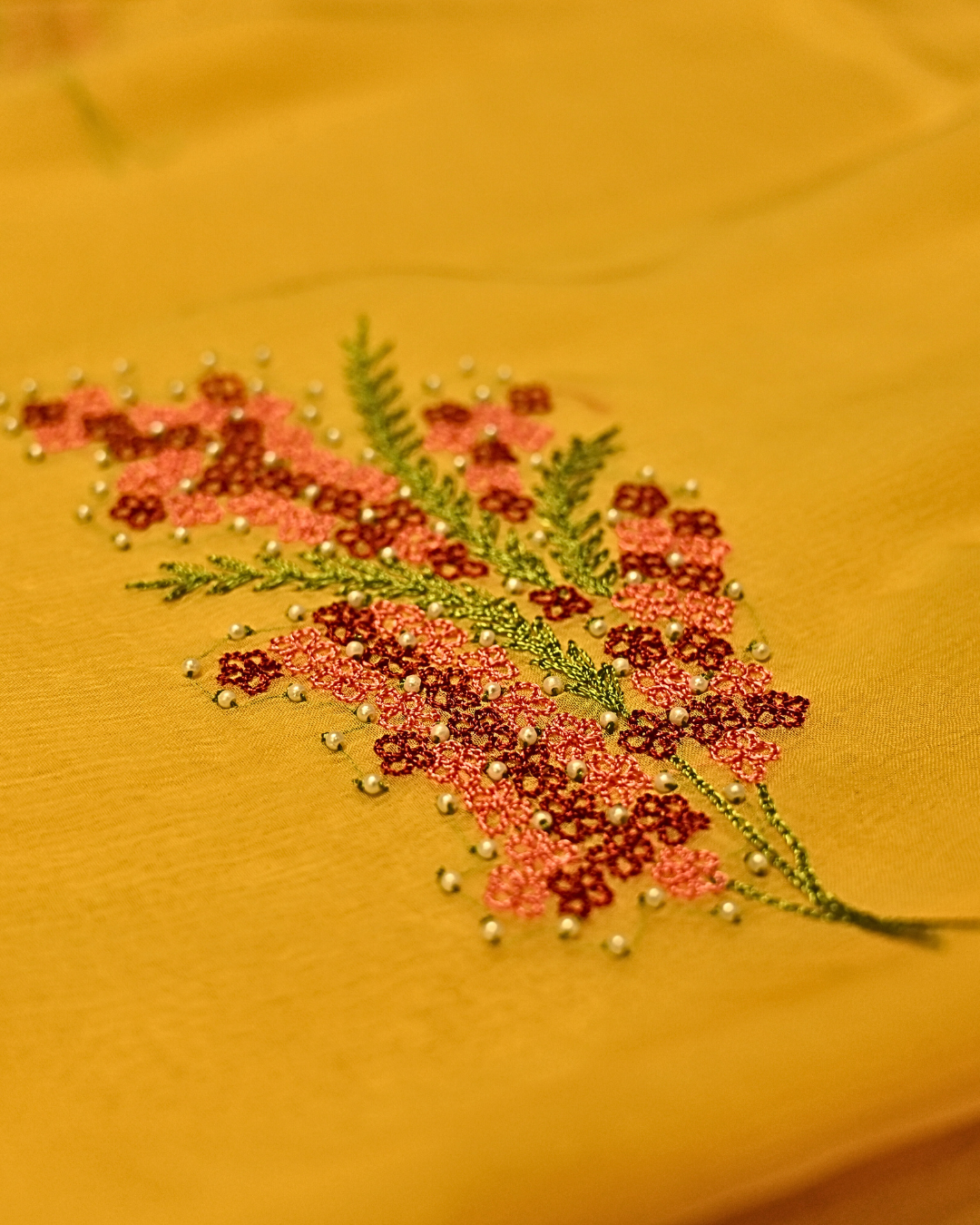 MULTI COLOUR RESHAM EMBROIDERED MOTIFS IN MUSTARD COLOUR PLANT BASED CHIFFON SAREE