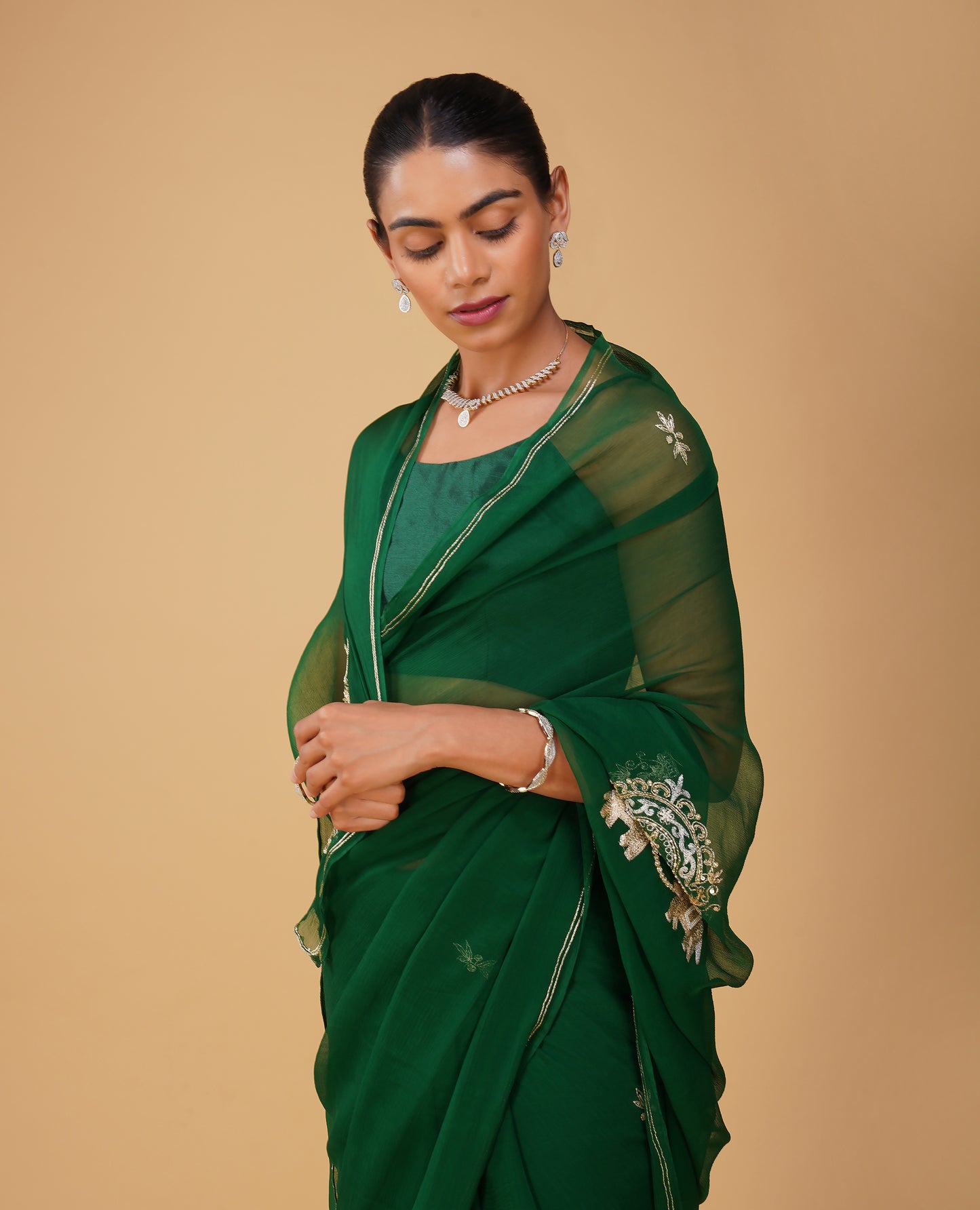 (Deliver in 20 Days) BOTTLE GREEN CHIFFON SAREE WITH AARI WORK & ELEPHANT MOTIFS