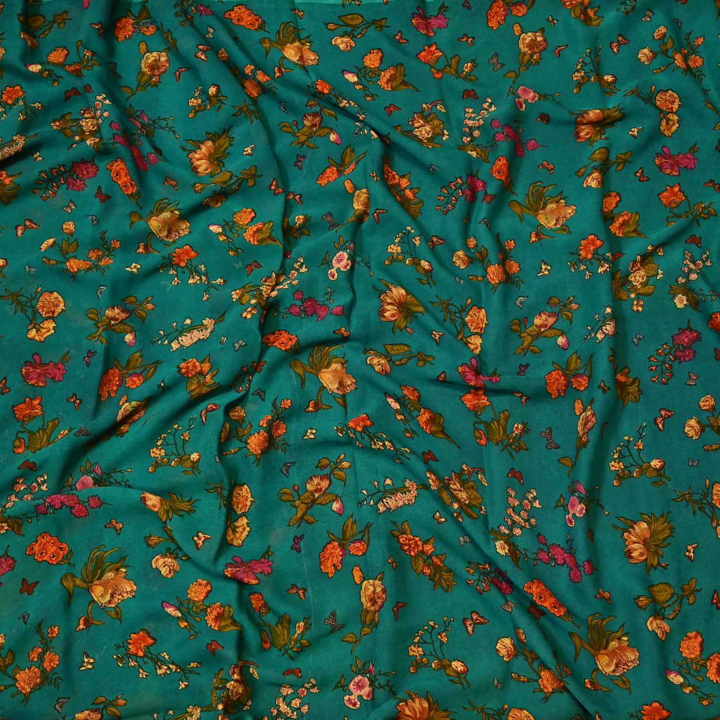 TEAL BASE FLORAL PRINTED CHIFFON SAREE