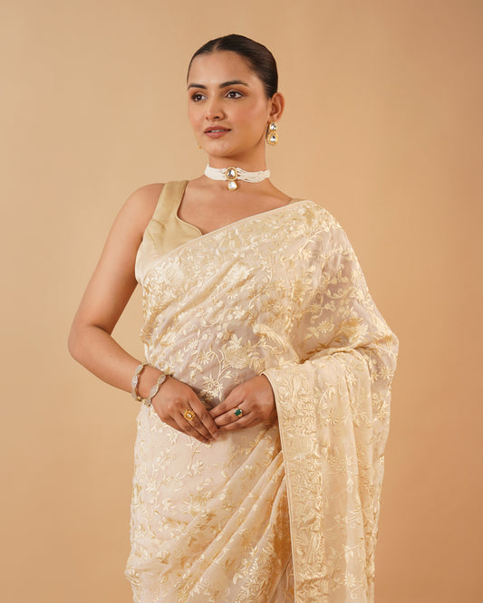 OFF WHITE PARSI (GARA) EMBROIDERED ORGANZA SAREE
