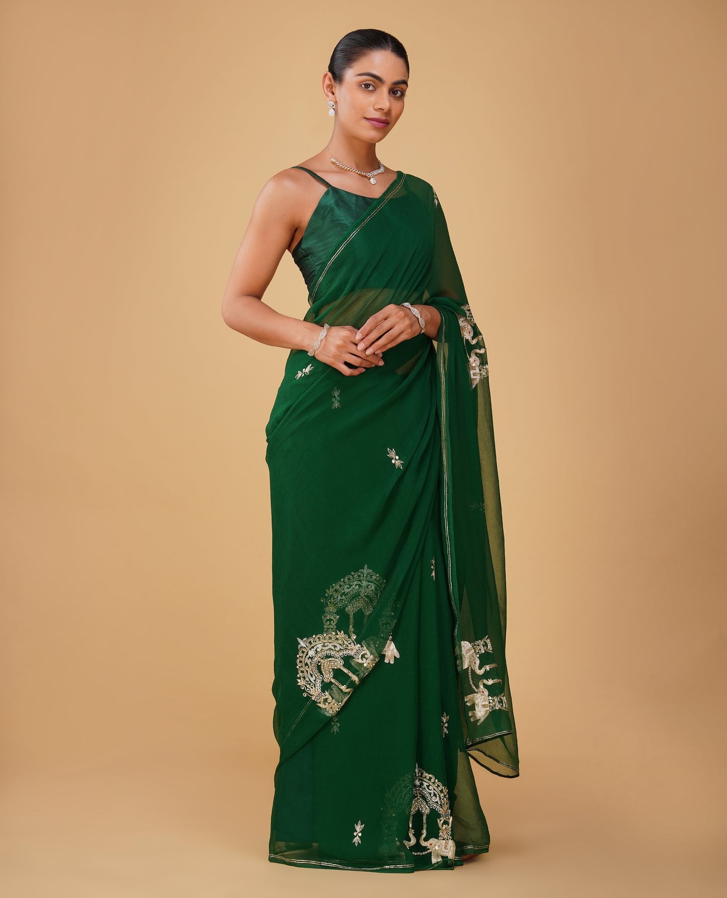 (Deliver in 20 Days) BOTTLE GREEN CHIFFON SAREE WITH AARI WORK & ELEPHANT MOTIFS