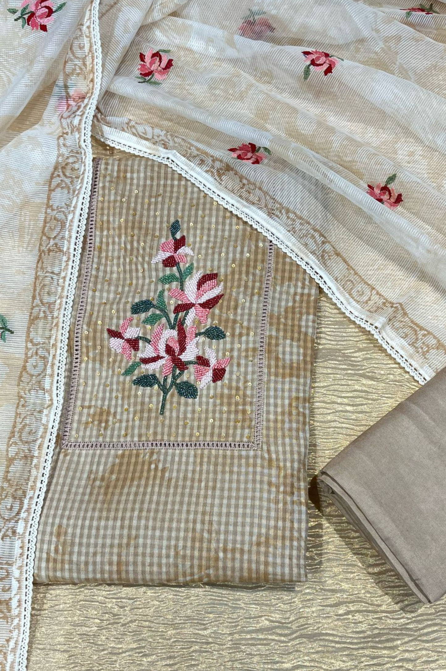 BEIGE LINEN SUIT WITH MULTICOLOR BEADWORK