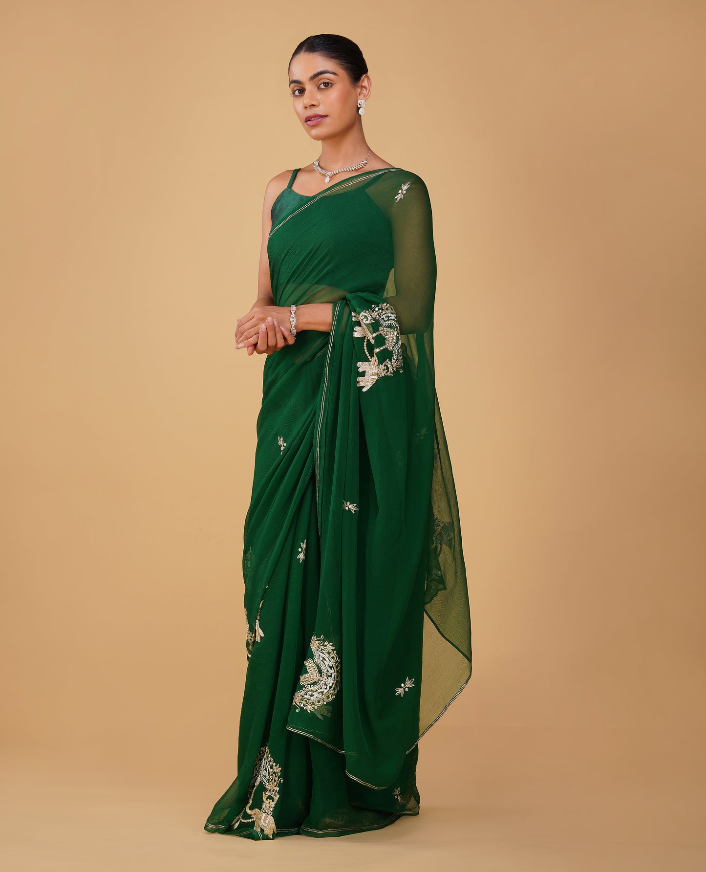 (Deliver in 20 Days) BOTTLE GREEN CHIFFON SAREE WITH AARI WORK & ELEPHANT MOTIFS