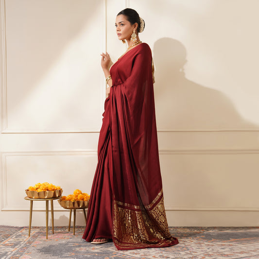 MAROON COLOUR MODAL SILK SATIN SAREE WITH BANARASI PALLA (DELIVERY IN 25 DAYS)