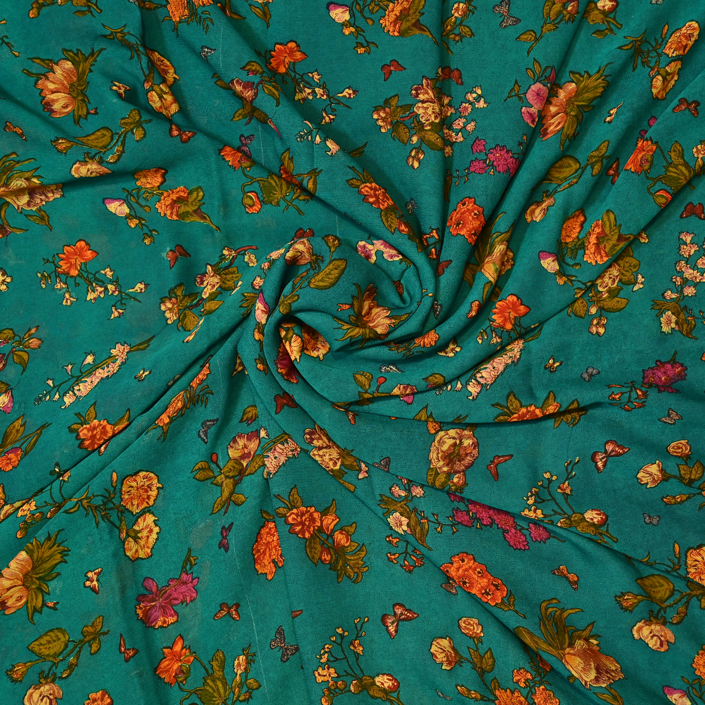 TEAL BASE FLORAL PRINTED CHIFFON SAREE