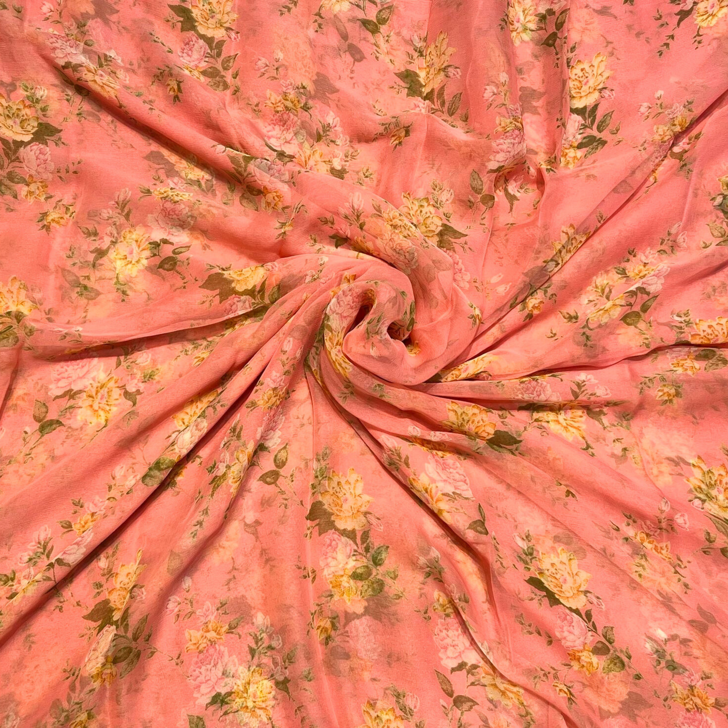 SOFT CORAL PEACH PRINTED (30 gram- PURE CHIFFON SAREE)