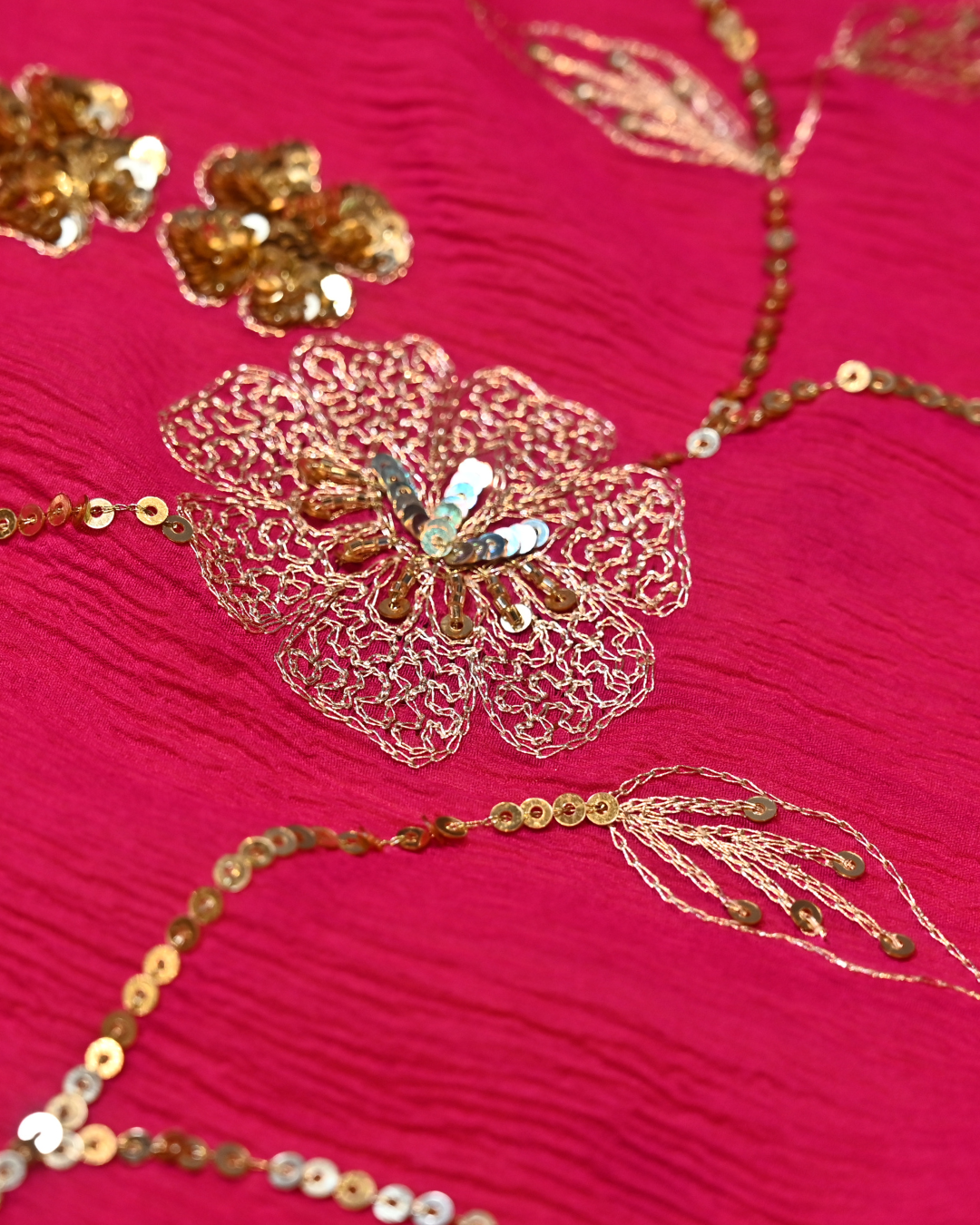 HOT PINK PURE PLATINUM CHIFFON SAREE WITH SEQUINS JAAL WORK