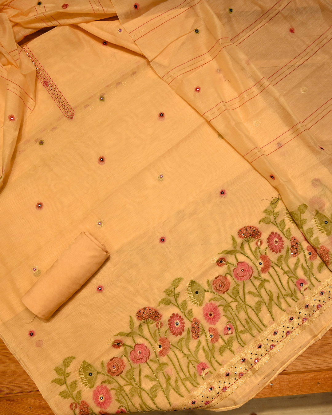 PEACH BLOSSOM RESHAM WEAVE MUNGA SILK UNSTITCHED SUIT WITH BEADS, GLASS TUBES & SEQUINS EMBROIDERY