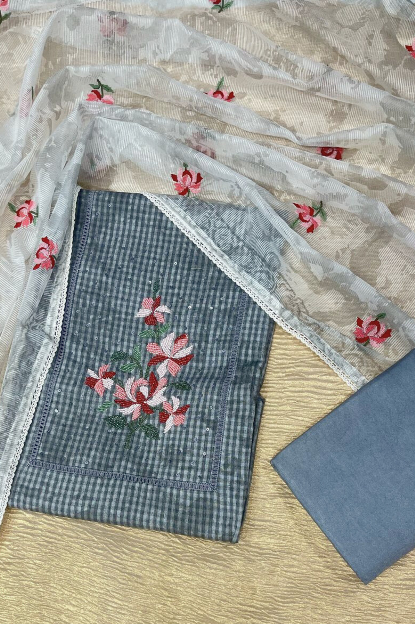 GREY LINEN UNSTITCHED SUIT WITH MULTICOLOR BEADWORK