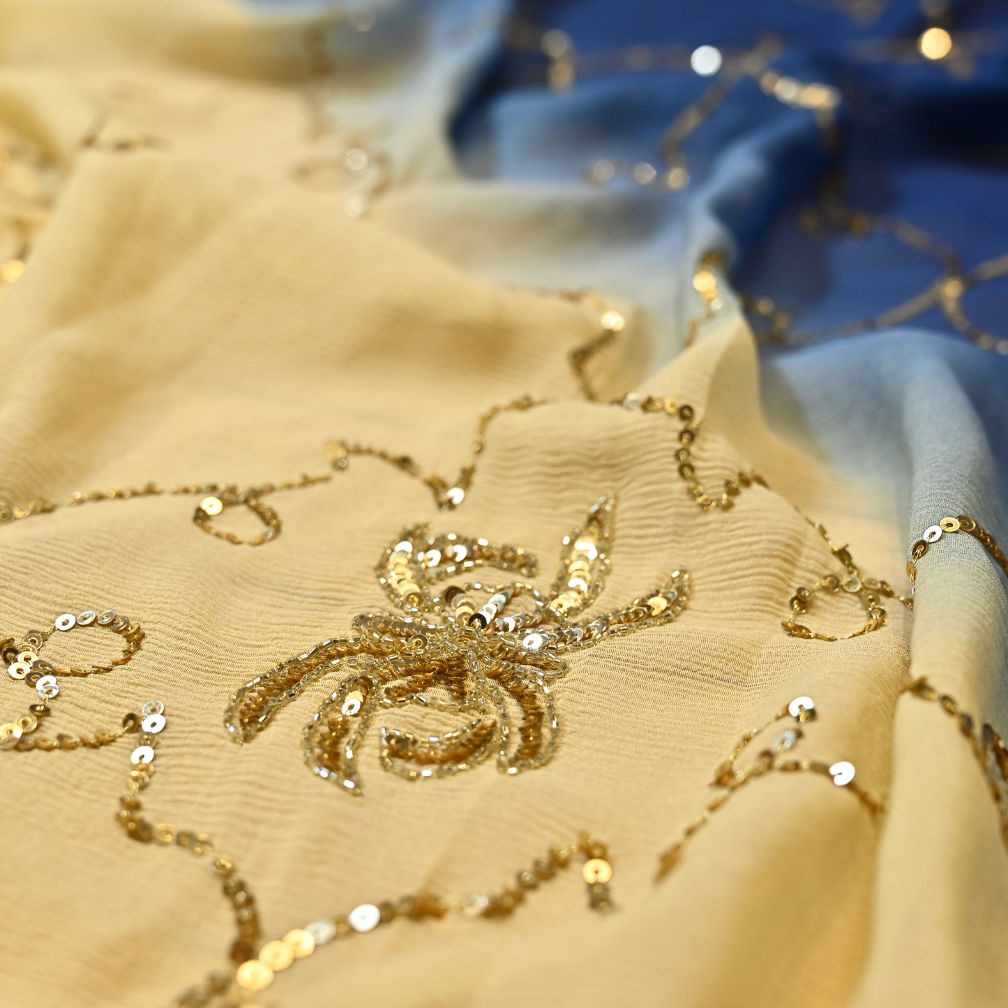 NAVY BLUE & BUTTER YELLOW DUAL COLOUR PURE PLATINUM CHIFFON WITH SEQUINS WORK