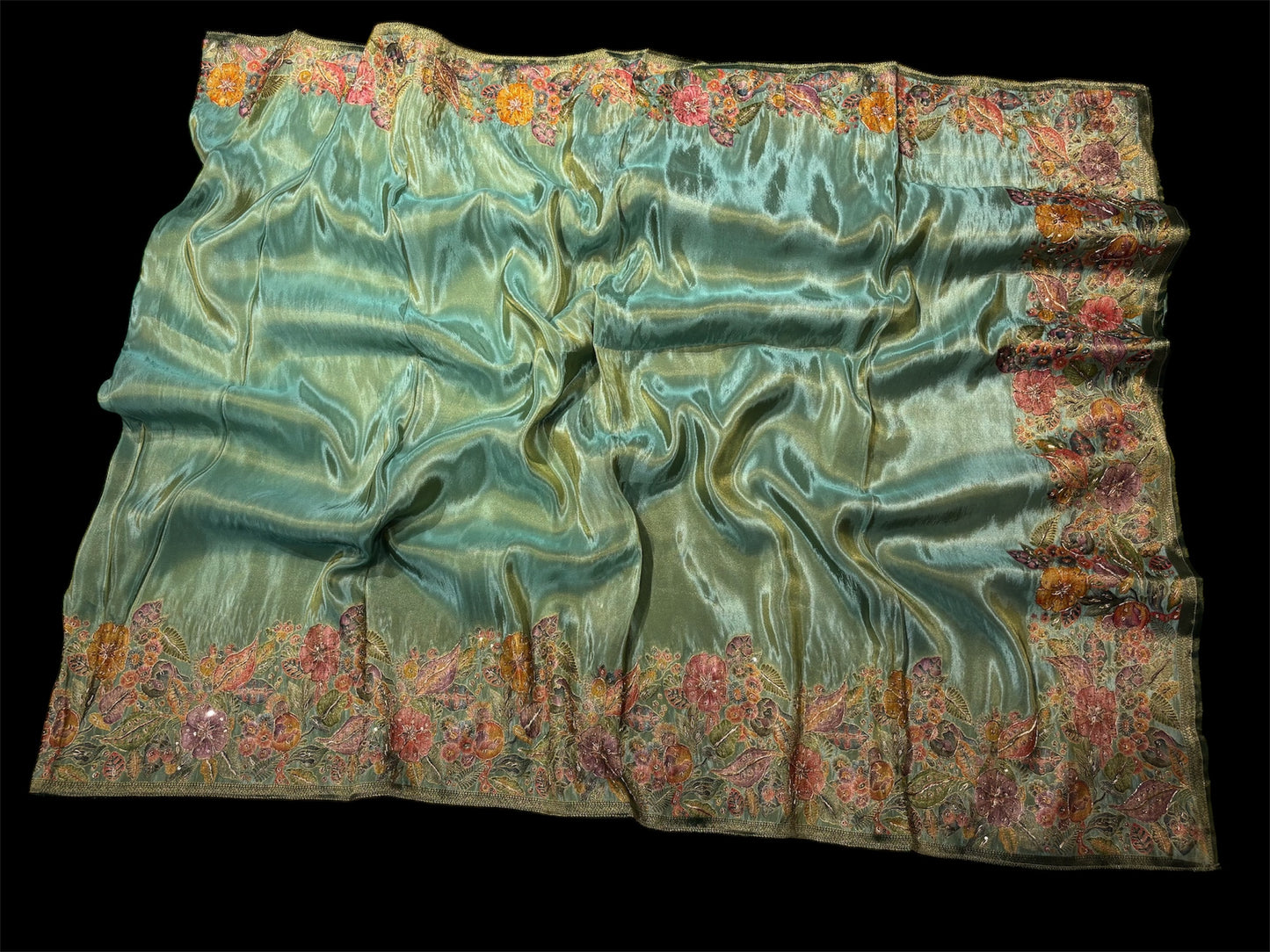 SEA GREEN TISSUE SAREE WITH RANGKAT ZARDOZI BORDER