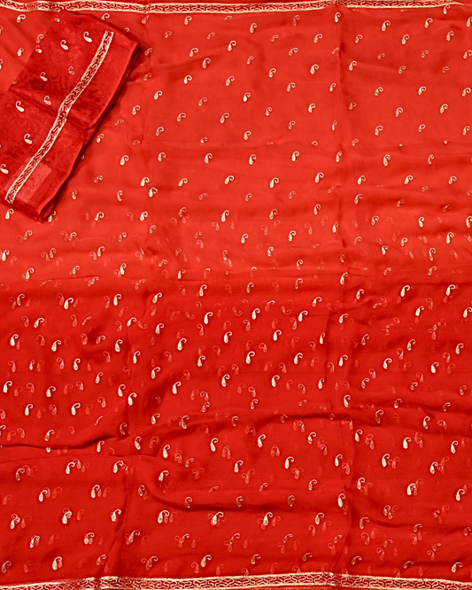 ( DELIVERY IN 20-25 DAYS ) SHADED RED COLOUR, 30 GRAM, PLANT CHIFFON SAREE WITH AARI EMBROIDERY