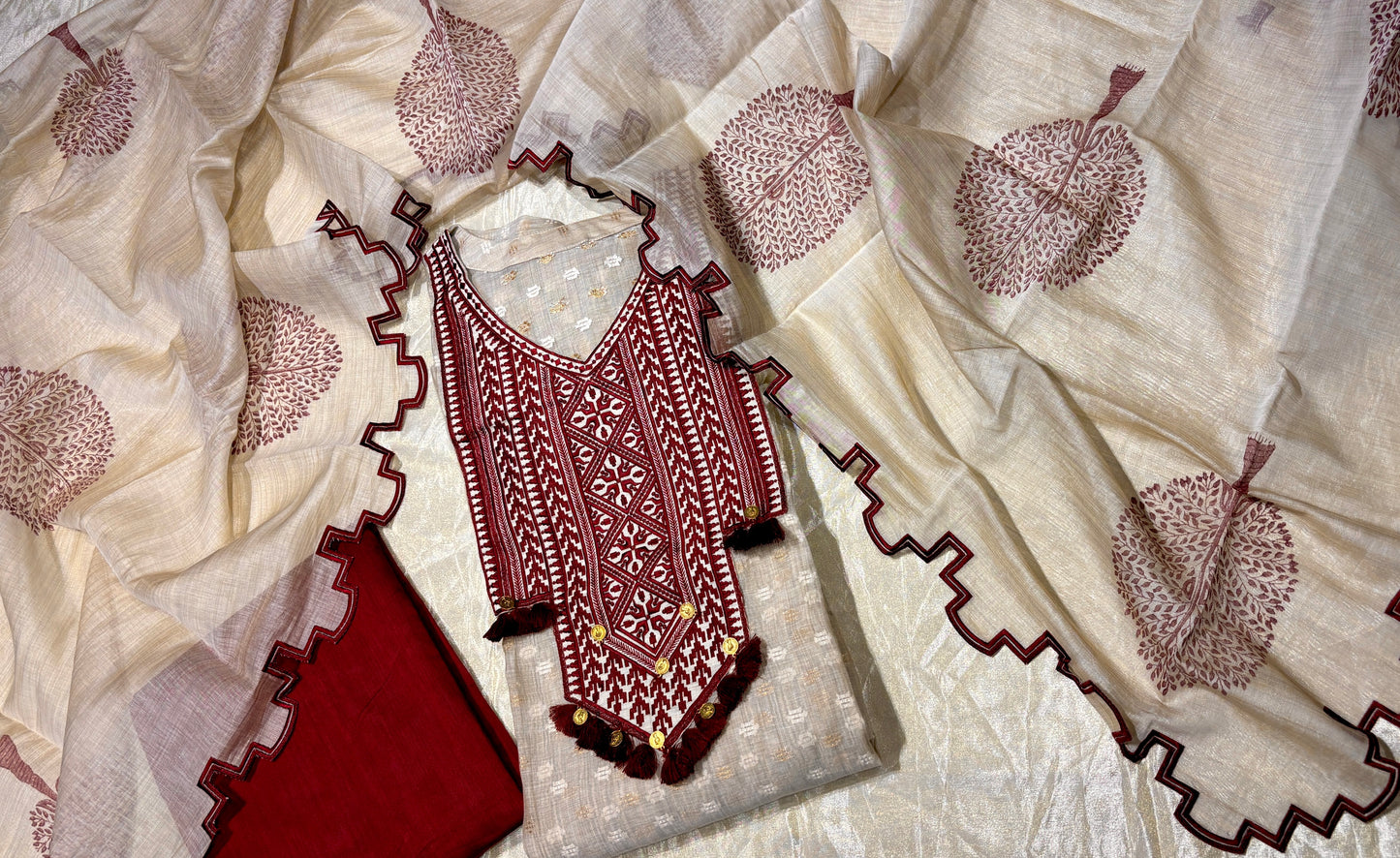 BEIGE JAMDANI DHAKAI COTTON UNSTITCHED SUIT EMBELLISHED WITH RED RESHAM EMBROIDERY, TASSELS ON KURTA & SCALLOP BORDER PRINTED DUPATTA