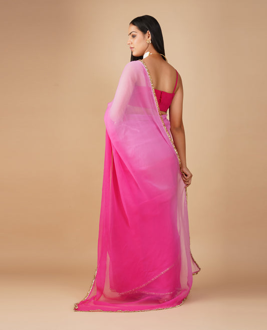 HOT PINK & TAFFY COLOUR SHADED CHIFFON SAREE WITH GOLDEN FRINGE LACE BORDER