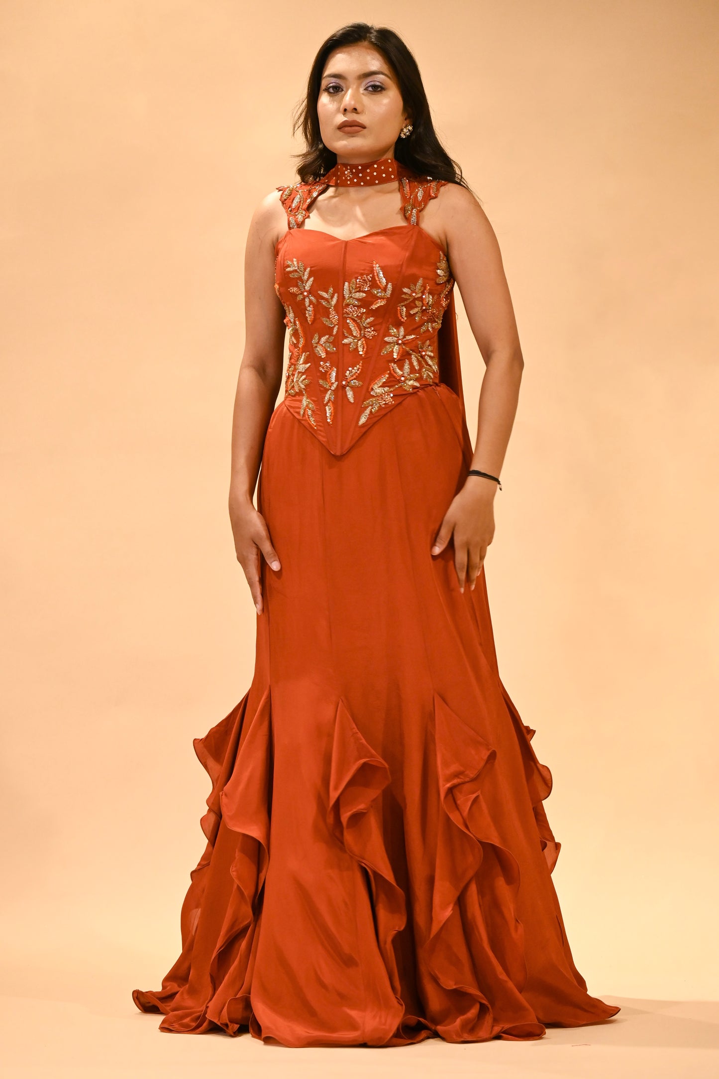 RUST-ORANGE EMBROIDERED CORSET TOP & FISH-CUT RUFFLED SKIRT SET