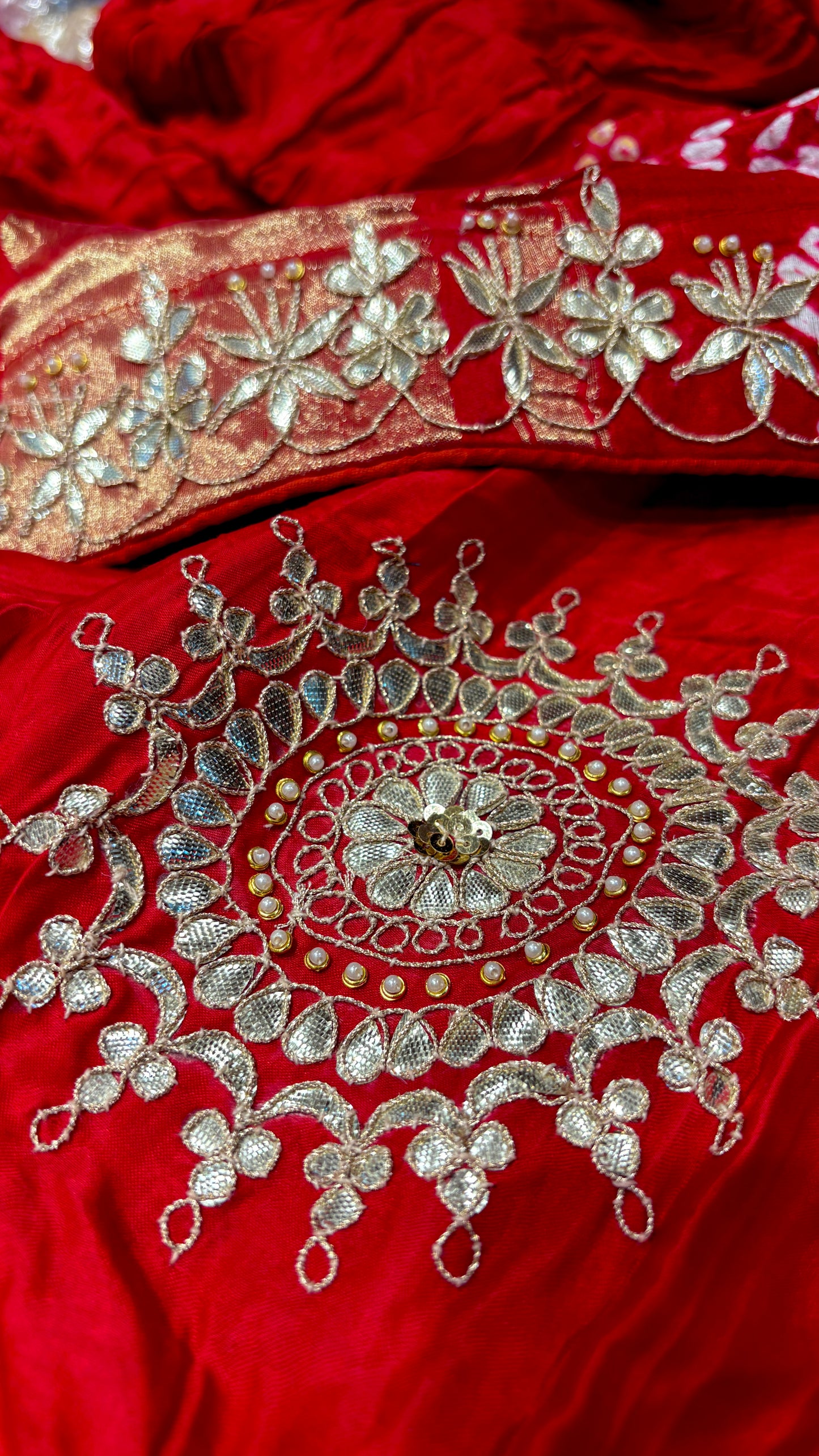 RED SATIN SILK LEHENGA WITH BANDHANI GAJI SILK DUPATTA EMBELLISHED WITH GOTA PATTI WORK