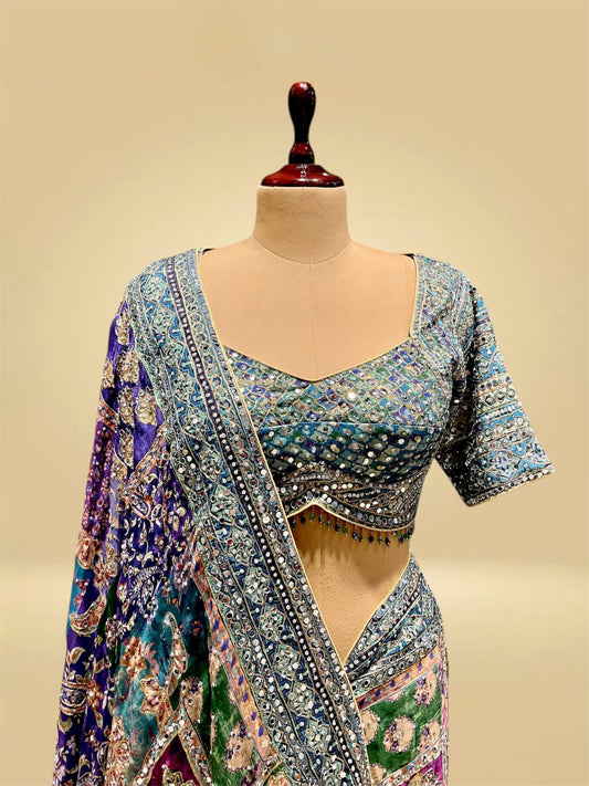 MULTICOLOURED CHINON SAREE EMBELLISHED WITH MIRROR & AARI WORK, PAIRED WITH A READYMADE BLOUSE