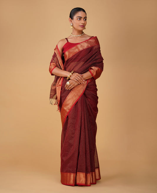 MAROON CHECKS MAHESHWARI SAREE WITH RED CONTRAST BORDER, PALLA & BLOUSE