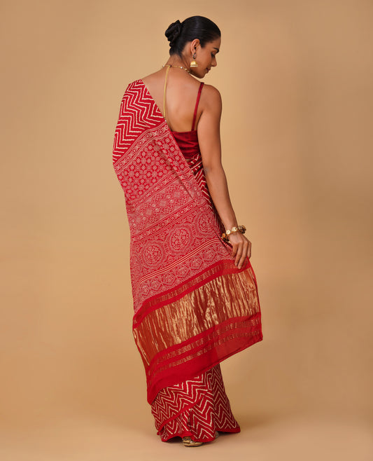 RED MODAL SATIN AJRAKH PRINT SAREE WITH GOLDEN ZARI PALLA & PRINTED BLOUSE