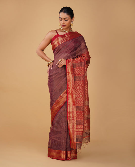 PURPLE TISSUE CHECKS MAHESHWARI SAREE WITH RED CONTRAST BORDER, PALLA & BLOUSE