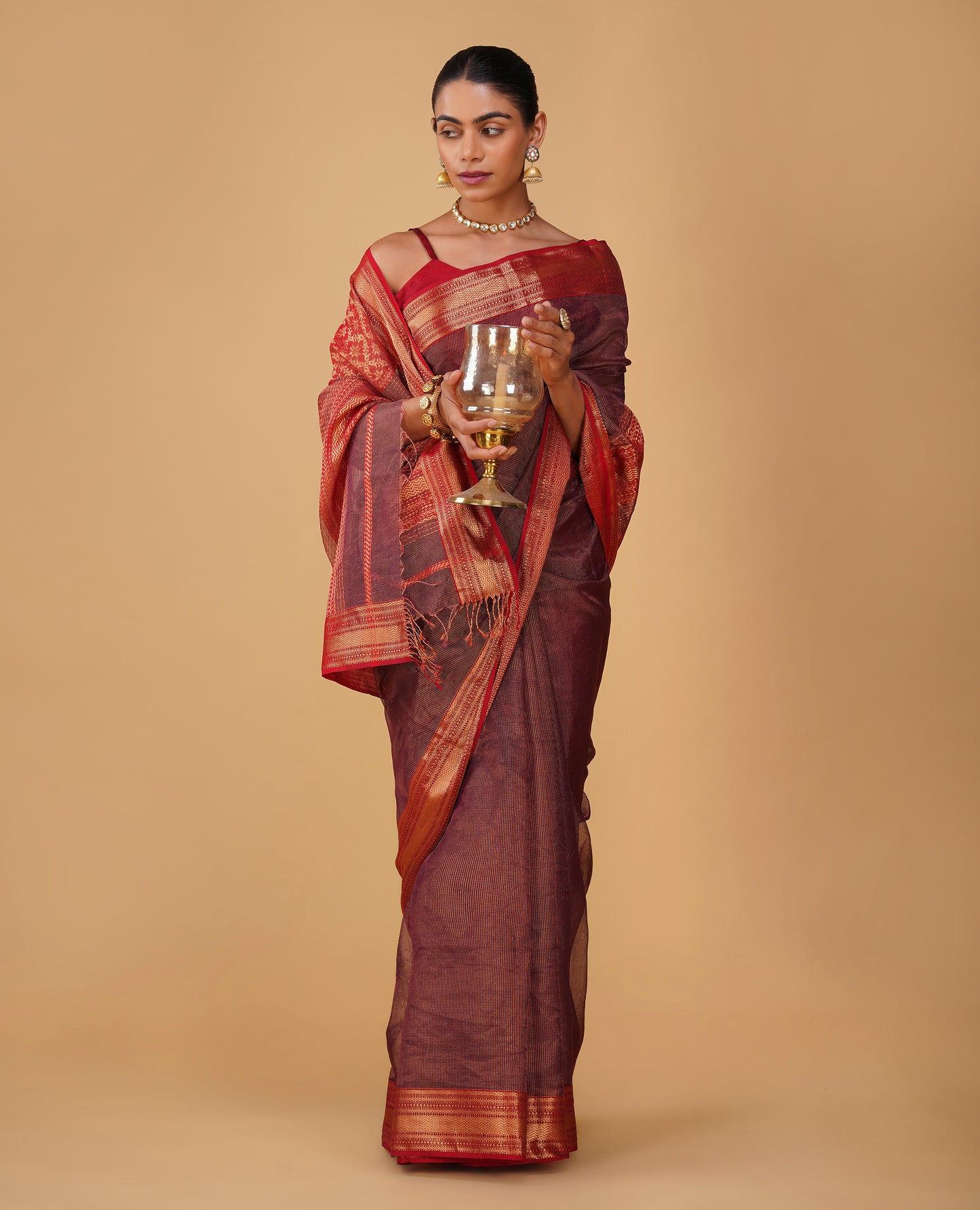 PURPLE TISSUE CHECKS MAHESHWARI SAREE WITH RED CONTRAST BORDER, PALLA & BLOUSE