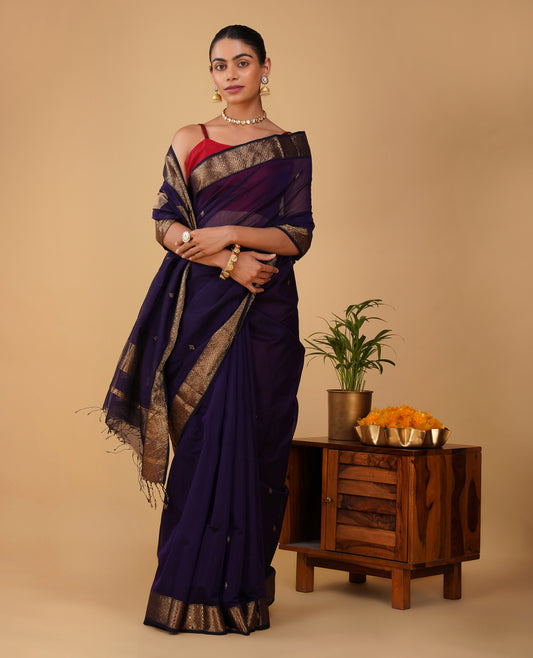 PURPLE MAHESHWARI SAREE WITH 3-INCH DIAMOND DRILL BORDER (DELIVERY IN 20 DAYS)
