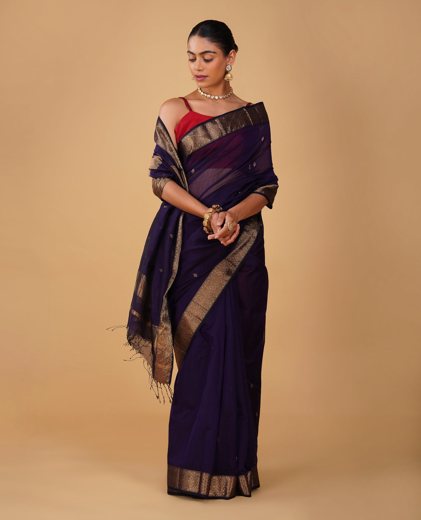 PURPLE MAHESHWARI SAREE WITH 3-INCH DIAMOND DRILL BORDER (DELIVERY IN 20 DAYS)