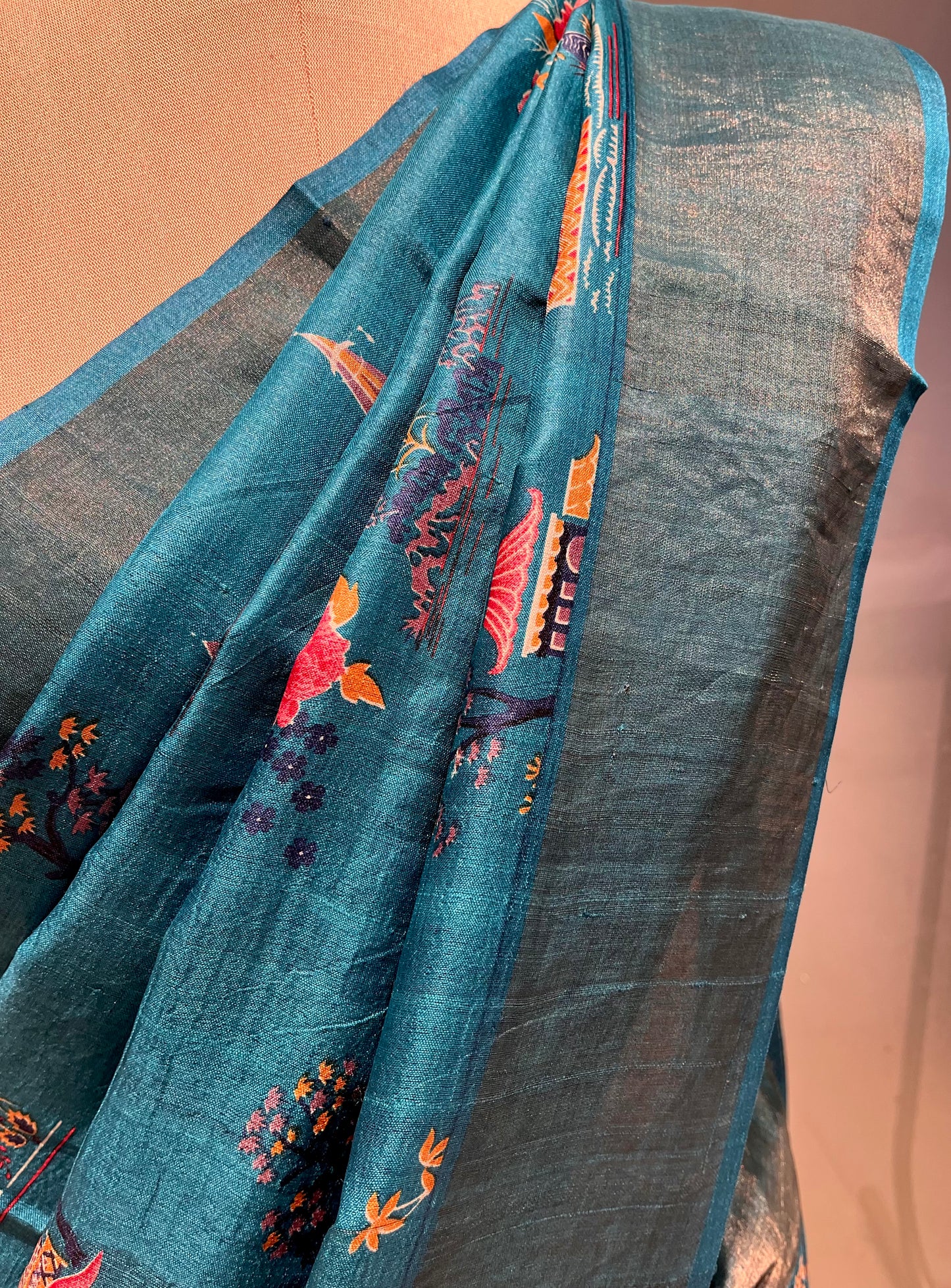 SEA BLUE COLOUR PURE TUSSAR SILK PRINTED SAREE WITH ZARI BORDER