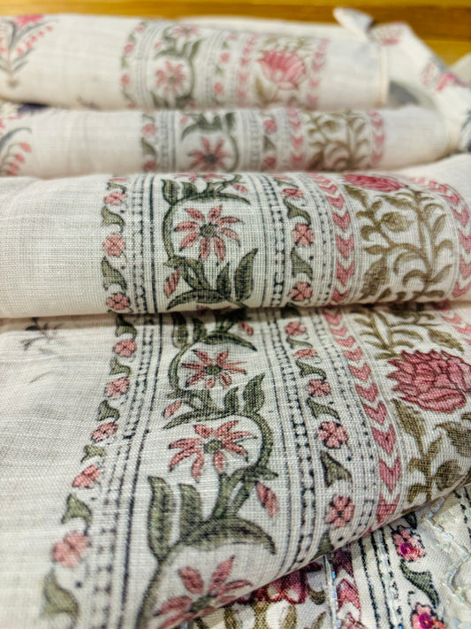 IVORY COLOUR MUNGA COTTON BLOCK PRINTED UNSTITCHED SUIT ( DRESS MATERIAL)