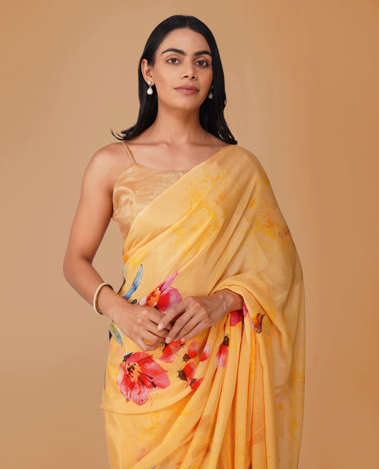 YELLOW CHINON PRINTED SAREE WITH PLAIN BLOUSE