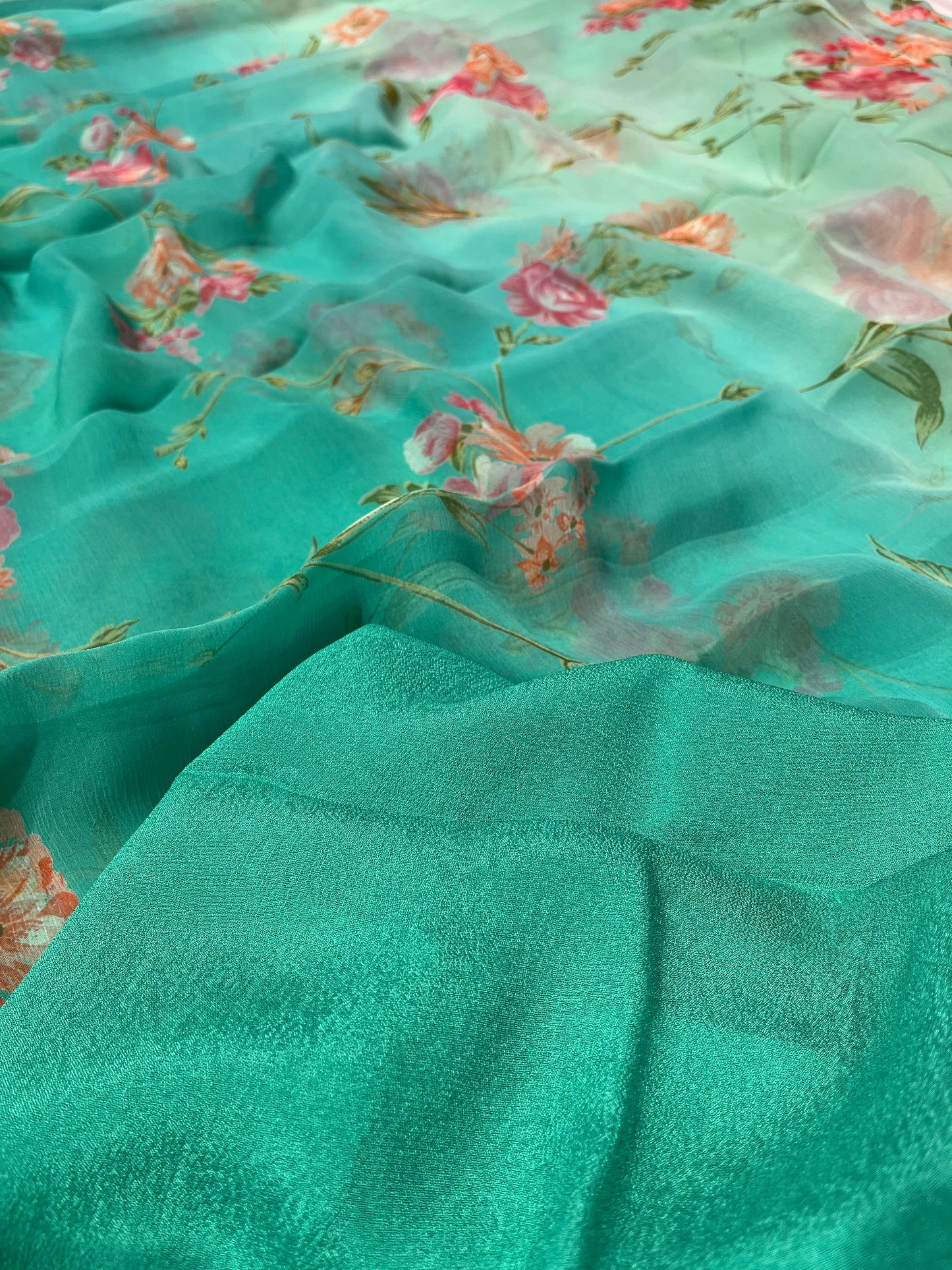 TURQUOISE COLOUR SHADED CHIFFON FLORAL PRINTED SAREE