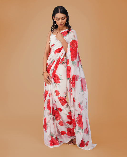 OFF WHITE PURE PLATINUM CHIFFON PRINTED SAREE WITH SELF-PRINTED OFF WHITE CREPE BLOUSE (DELIVERY IN 20-25 DAYS)
