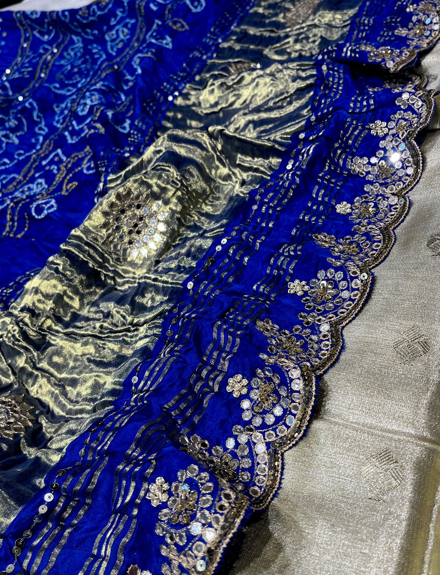 SAPPHIRE BLUE SATIN SILK BANDHANI SAREE WITH FOIL MIRROR WORK - Kothari Sons