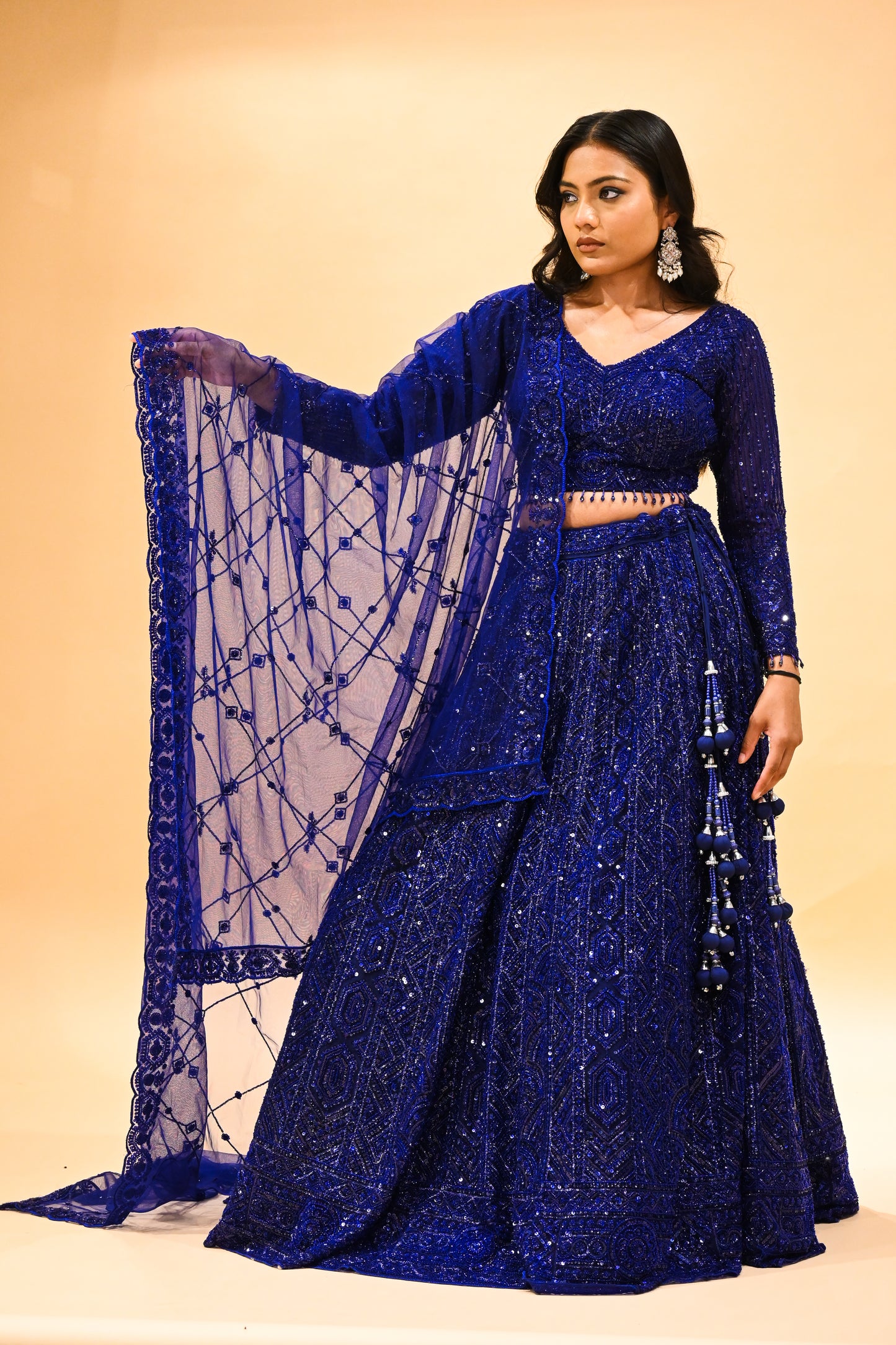 ROYAL BLUE SEQUINS EMBROIDERED LEHENGA WITH CROP TOP & NET DUPATTA