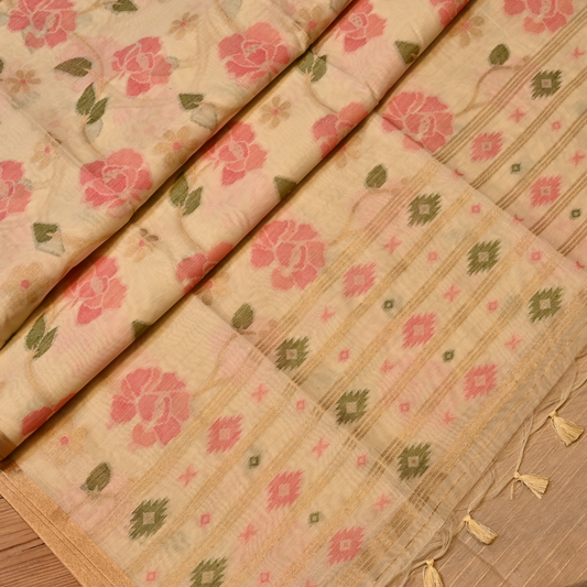 BEIGE JAMDANI DHAKAI COTTON SAREE WITH ZARI BORDER