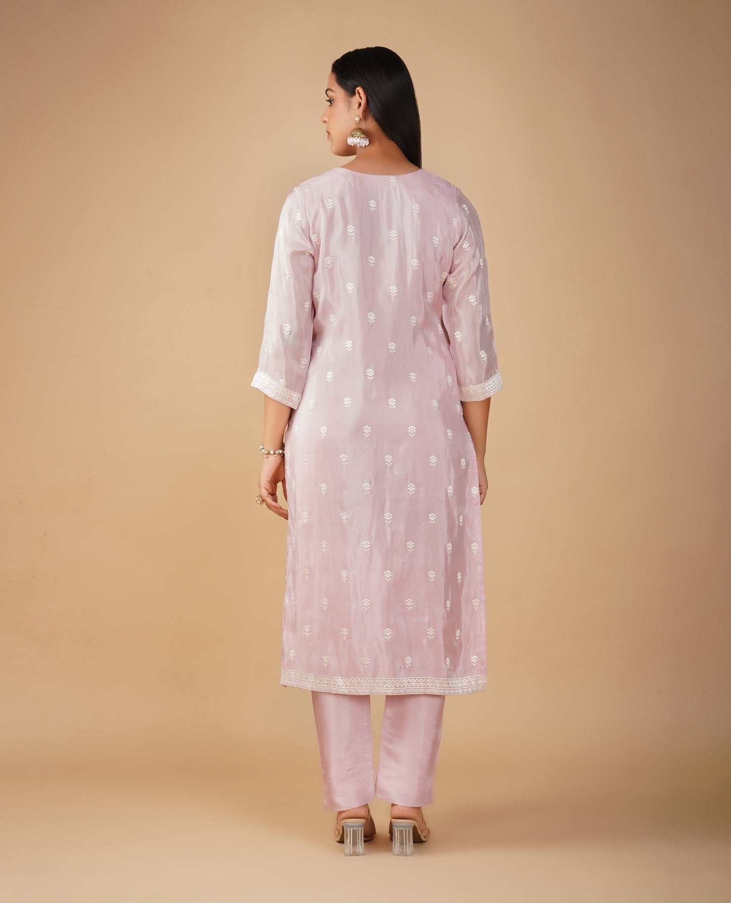 (DELIVERY TIME 20 DAYS) PASTEL PINK RESHAM EMBROIDERED TISSUE READYMADE SUIT WITH DUPATTA & PANTS