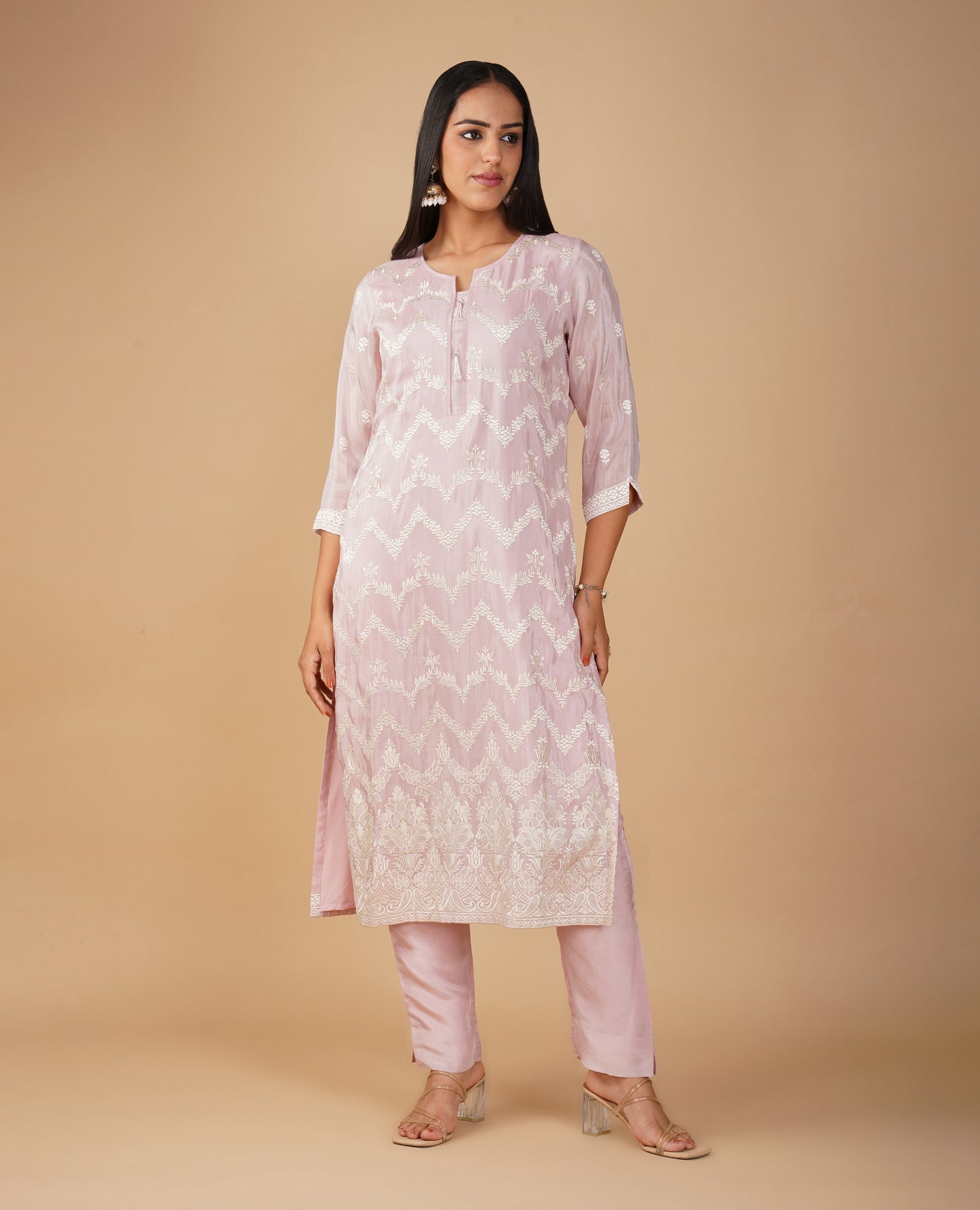(DELIVERY TIME 20 DAYS) PASTEL PINK RESHAM EMBROIDERED TISSUE READYMADE SUIT WITH DUPATTA & PANTS