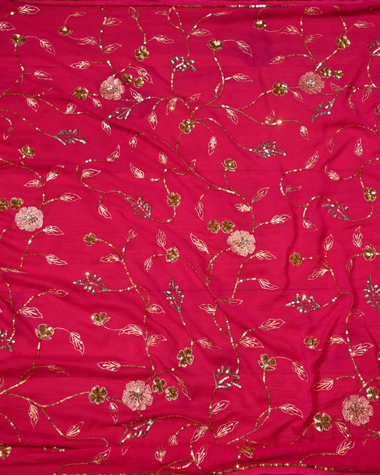HOT PINK PURE PLATINUM CHIFFON SAREE WITH SEQUINS JAAL WORK