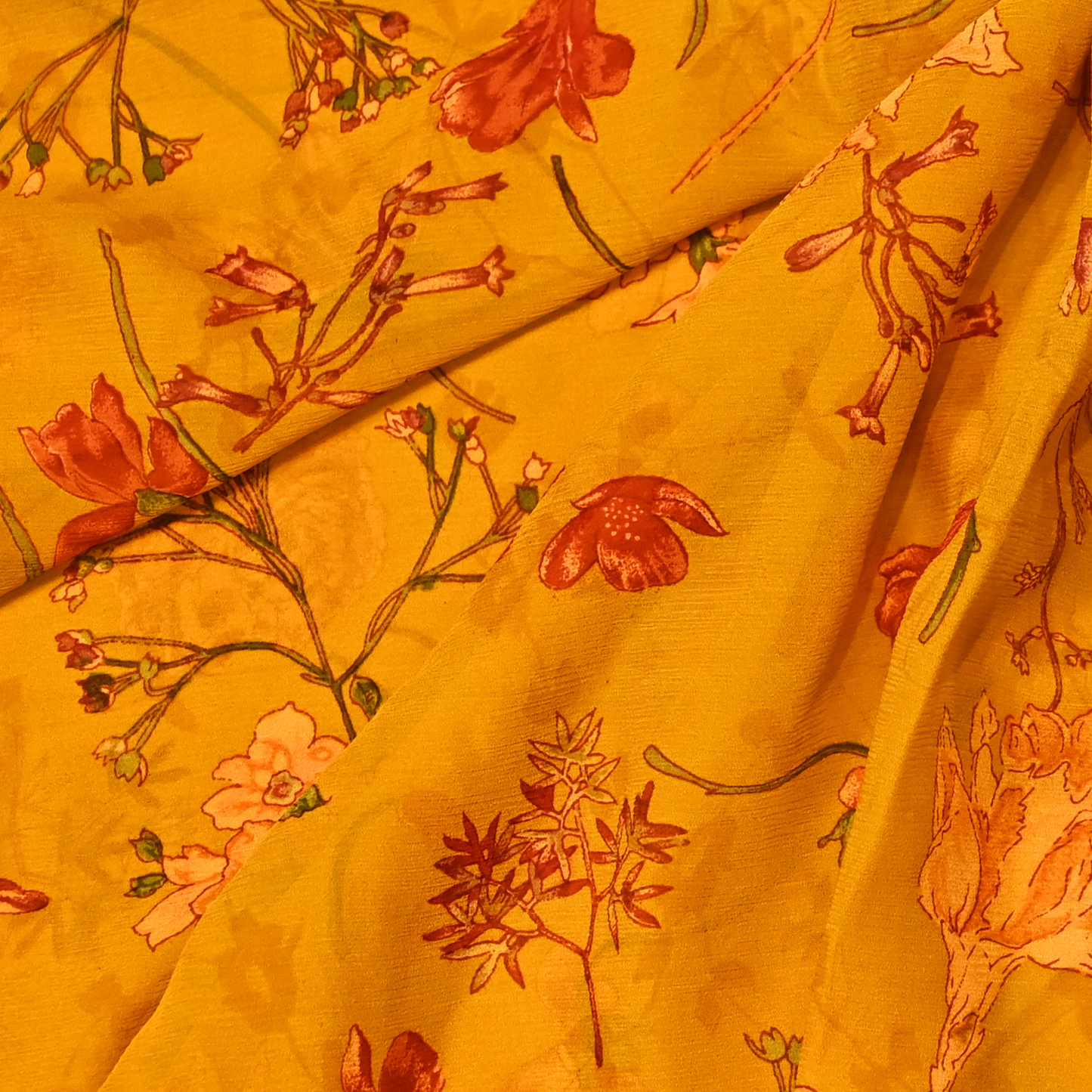 OCHRE YELLOW FLORAL PRINTED CHIFFON SAREE