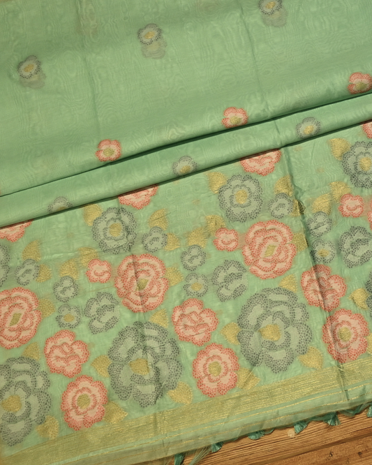 AQUA BLUE COLOUR JAMDANI DHAKAI COTTON SAREE WITH ZARI BORDER