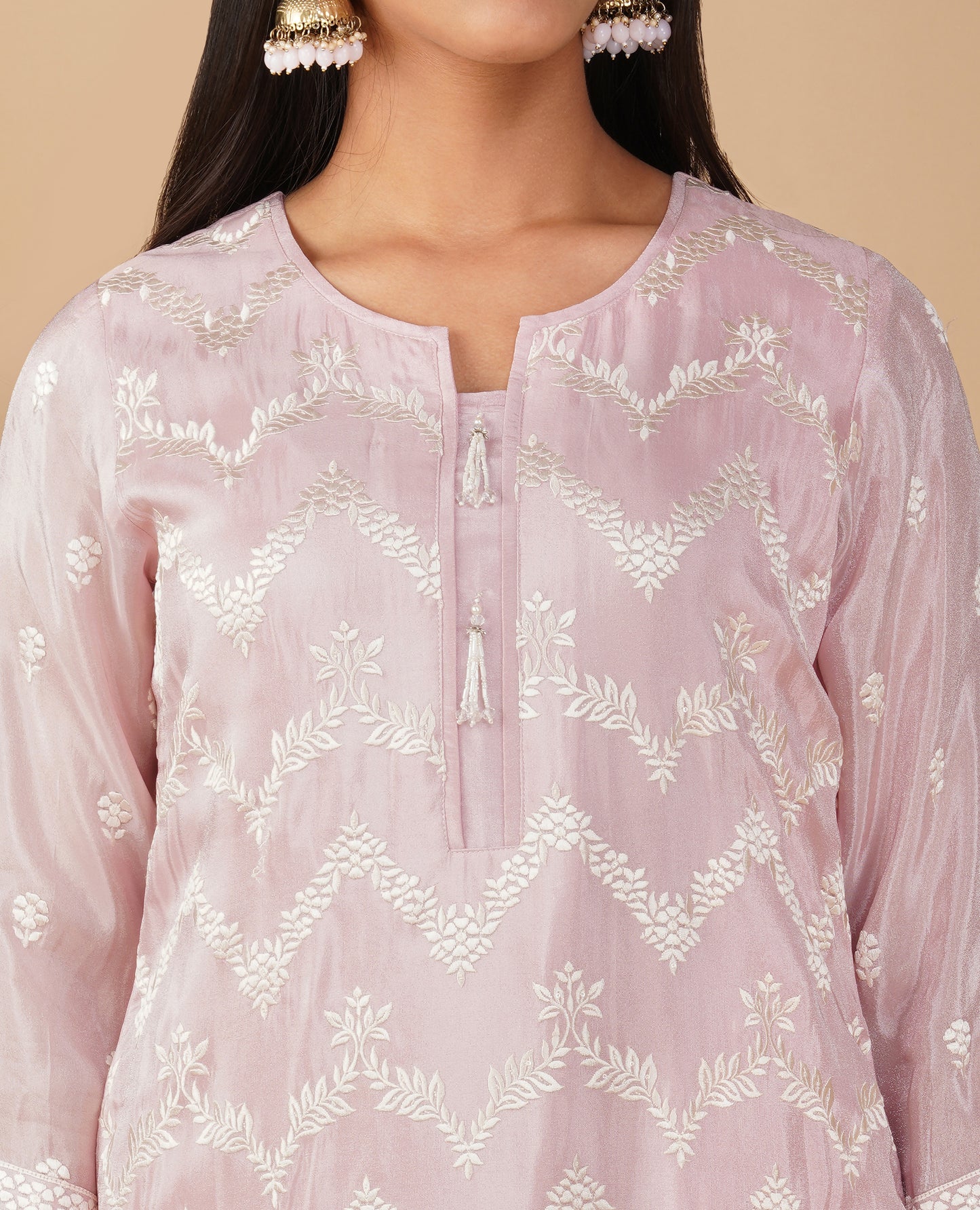 (DELIVERY TIME 20 DAYS) PASTEL PINK RESHAM EMBROIDERED TISSUE READYMADE SUIT WITH DUPATTA & PANTS