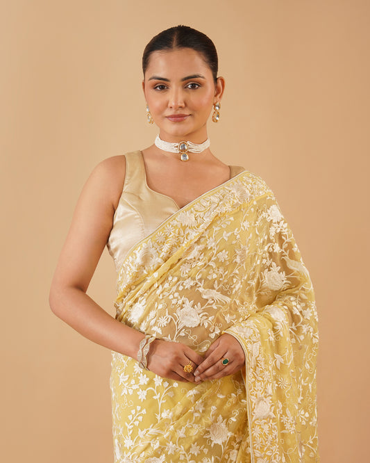 LIGHT YELLOW PARSI (GARA) EMBROIDERED CHIFFON SAREE