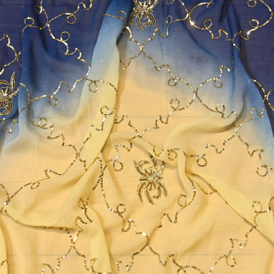 NAVY BLUE & BUTTER YELLOW DUAL COLOUR PURE PLATINUM CHIFFON WITH SEQUINS WORK