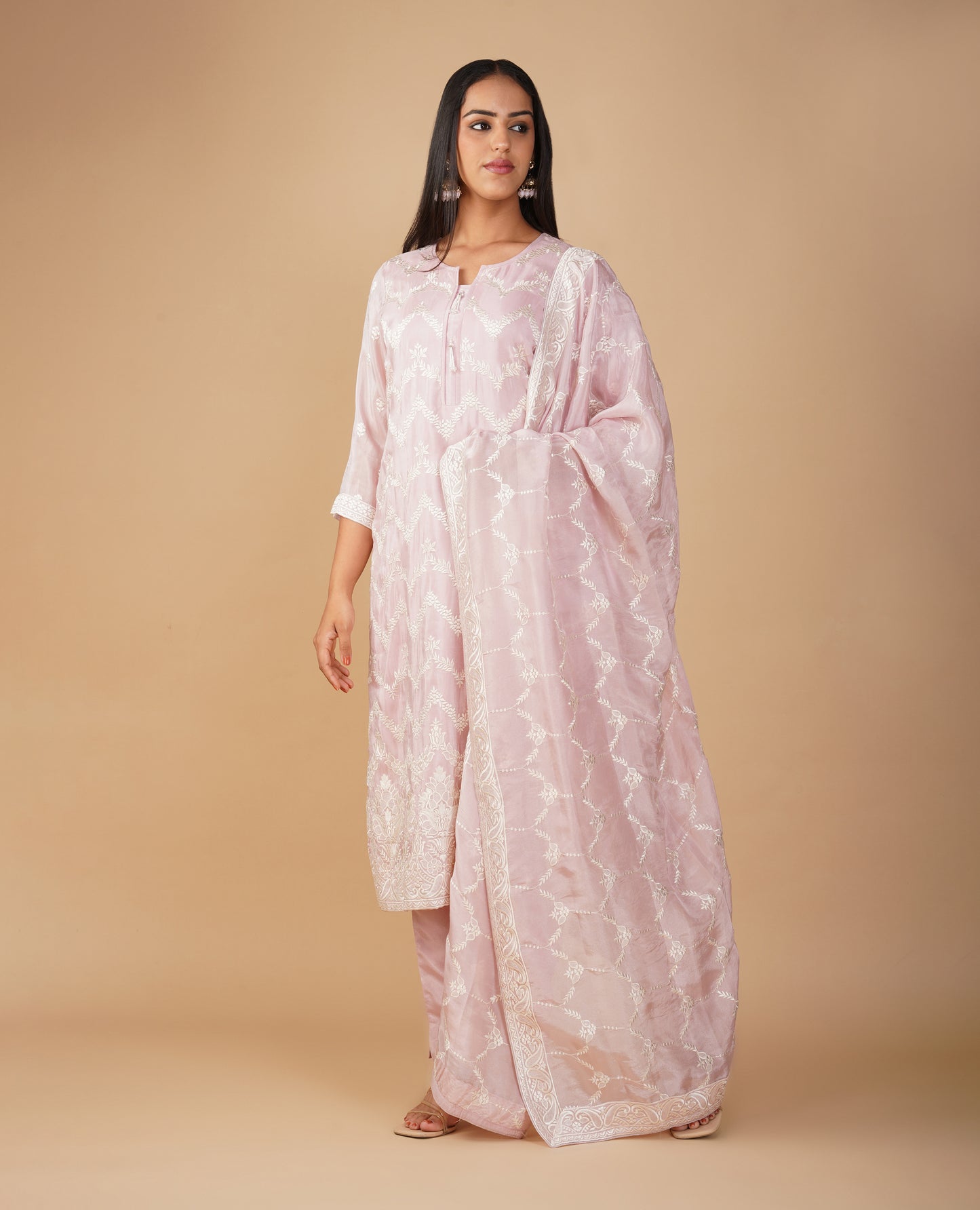 (DELIVERY TIME 20 DAYS) PASTEL PINK RESHAM EMBROIDERED TISSUE READYMADE SUIT WITH DUPATTA & PANTS