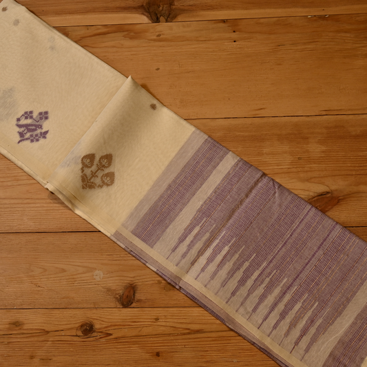 IVORY JAMDANI DHAKAI COTTON SAREE WITH LAVENDER BORDER PALLA