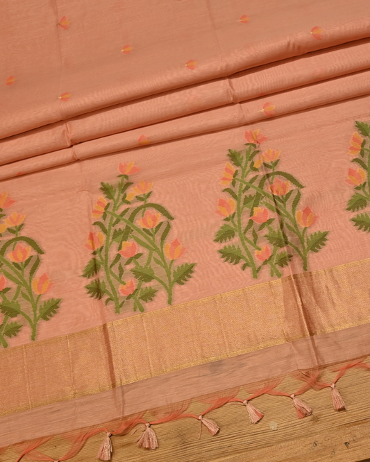 PEACH COLOUR JAMDANI DHAKAI COTTON SAREE WITH ZARI BORDER