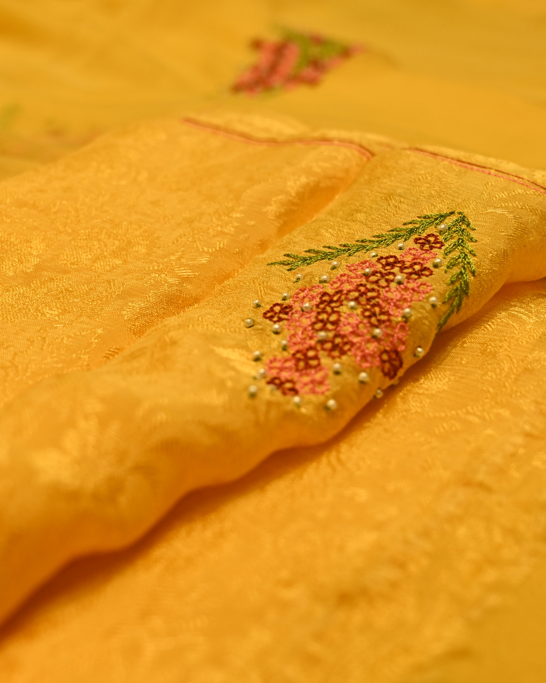 MULTI COLOUR RESHAM EMBROIDERED MOTIFS IN MUSTARD COLOUR PLANT BASED CHIFFON SAREE
