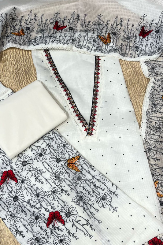 ( DELIVERY IN 20 DAYS ) WHITE KOTA DORIA UNSTITCHED SUIT WITH THREAD WORK