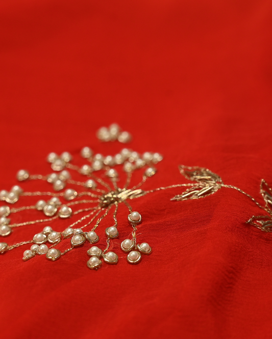 SHADED RED COLOUR PURE CHIFFON SAREE WITH ZARDOZI AARI & PEARL EMBROIDERY