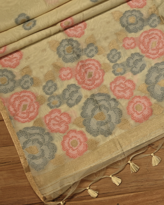 CLASSIC IVORY COLOUR JAMDANI DHAKAI COTTON SAREE WITH ZARI BORDER